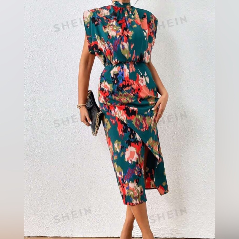 shein prive allover print batwing sleeve wrap dress